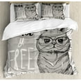 thumbnail image 1 of Modern Duvet Cover Set, Portrait of Hipster Cat with Extra Wild and Free Typography Humor Illustration, Decorative 3 Piece Bedding Set with 2 Pillow Shams, Queen Size, Pale Grey Dust, by Ambesonne, 1 of 3