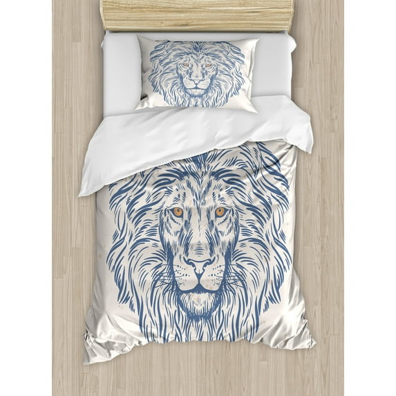 Modern Duvet Cover Set, Portrait of a Lion of the Forest Wildlife Animal Zodiac Sign Illustration, Decorative 2 Piece Bedding Set with 1 Pillow Shams, Twin Size, Slate Blue and Beige, by Ambesonne
