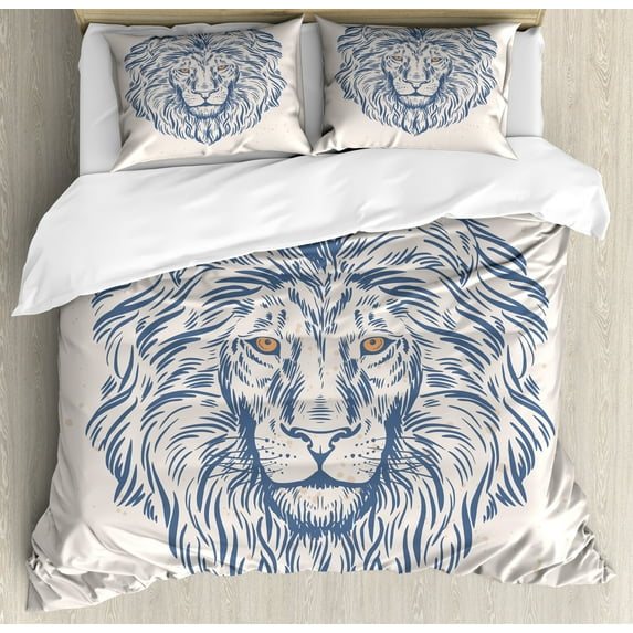 Modern Duvet Cover Set, Portrait of a Lion of the Forest Wildlife Animal Zodiac Sign Illustration, Decorative 3 Piece Bedding Set with 2 Pillow Shams, King Size, Slate Blue and Beige, by Ambesonne