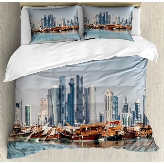 Modern Duvet Cover Set, Qatar City Skyline at Dhow Middle Eastern Coast with Ships Skyscrapers View, Decorative 3 Piece Bedding Set with 2 Pillow Shams, King Size, Pale Blue Cinnamon, by Ambesonne