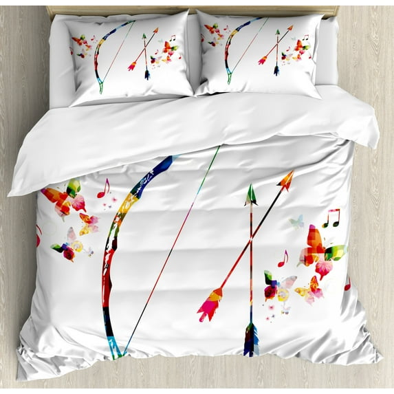 Modern Duvet Cover Set Queen Size, Abstract Unusual Bow and Arrow with Butterflies Music Notes Floral Design Print, Decorative 3 Piece Bedding Set with 2 Pillow Shams, Multicolor, by Ambesonne