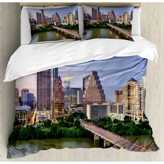 Modern Duvet Cover Set Queen Size, Austin Texas American City Bridge over the Lake Skyscrapers USA Downtown Picture, Decorative 3 Piece Bedding Set with 2 Pillow Shams, Multicolor, by Ambesonne
