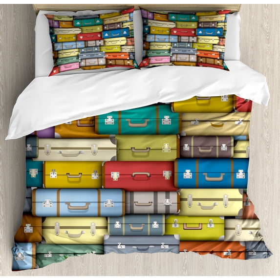 Modern Duvet Cover Set Queen Size, Colorful Suitcases Background Vintage Travel Voyage Holiday Themed Artful Design, Decorative 3 Piece Bedding Set with 2 Pillow Shams, Multicolor, by Ambesonne