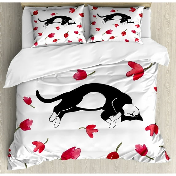 Modern Duvet Cover Set Queen Size, Cute Kitty Sleeping Surrounded by Tulips Cat Animal Pet Lovely Creature Print, Decorative 3 Piece Bedding Set with 2 Pillow Shams, Black White Pink, by Ambesonne