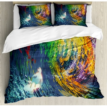 Modern Duvet Cover Set Queen Size, Exotic Surfer in the Ocean Waves with Digital Featured Effects Sports Hobby Graphic, Decorative 3 Piece Bedding Set with 2 Pillow Shams, Multicolor, by Ambesonne