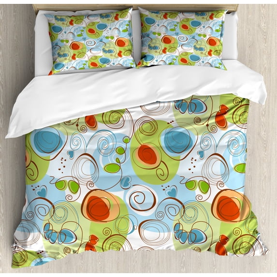 Modern Duvet Cover Set Queen Size, Floral Flowers with Geometrical Abstract Funky Swirls Modern Image, Decorative 3 Piece Bedding Set with 2 Pillow Shams, Pale Green Blue and White, by Ambesonne