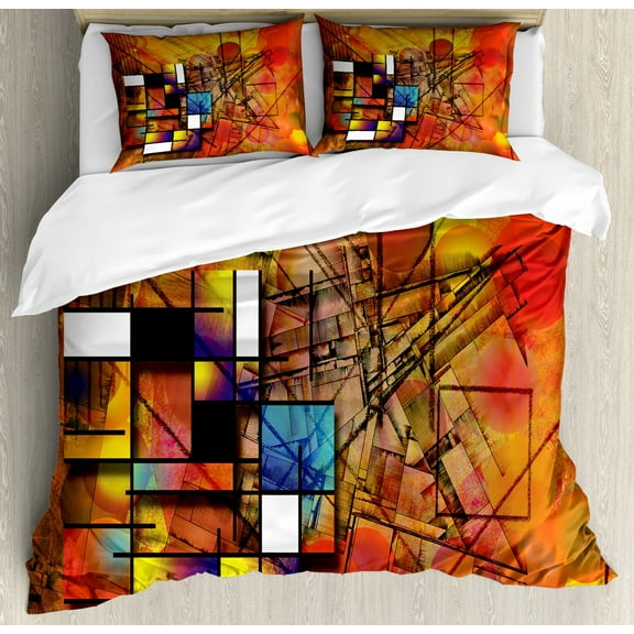 Modern Duvet Cover Set Queen Size, Geometric Style Unusual Figures with Lines and Circles Triangles and Squares Image, Decorative 3 Piece Bedding Set with 2 Pillow Shams, Multicolor, by Ambesonne