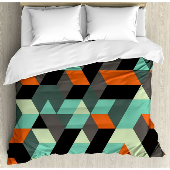 Modern Duvet Cover Set Queen Size, Geometrical Print with Squares Triangles Shapes And Shadows Zig Zag Stripes Image, Decorative 3 Piece Bedding Set with 2 Pillow Shams, Multicolor, by Ambesonne