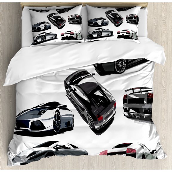 Modern Duvet Cover Set Queen Size, Grey Cars from Various Angles Automobile Industry Theme Vehicle, Decorative 3 Piece Bedding Set with 2 Pillow Shams, Pale Sage Green Black White, by Ambesonne