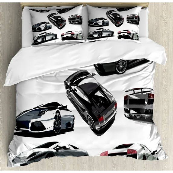 Modern Duvet Cover Set Queen Size, Grey Cars from Various Angles Automobile Industry Theme Vehicle, Decorative 3 Piece Bedding Set with 2 Pillow Shams, Pale Sage Green Black White, by Ambesonne