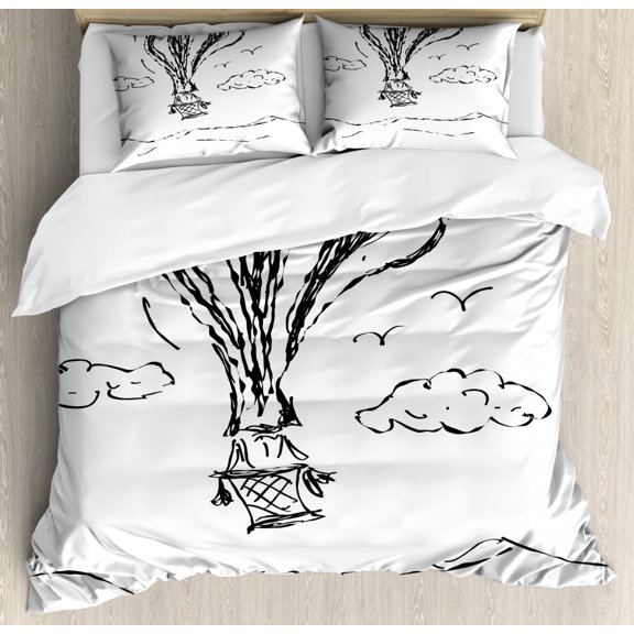 Modern Duvet Cover Set Queen Size, Hot Air Balloon Sketch in the Clouds Murky Air Journey Artistic Picture, Decorative 3 Piece Bedding Set with 2 Pillow Shams, Charcoal Grey White, by Ambesonne