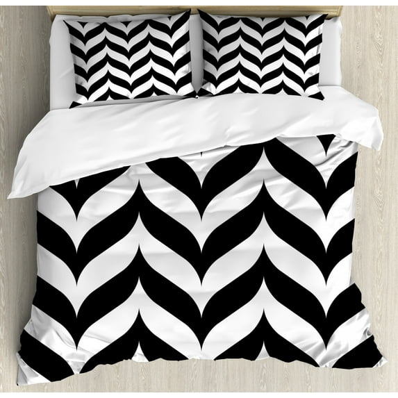 Modern Duvet Cover Set Queen Size, Minimalist Colors Stylized Artistic Chevron Pattern with Simplistic Retro Effects, Decorative 3 Piece Bedding Set with 2 Pillow Shams, Black White, by Ambesonne
