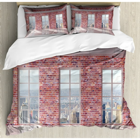 Modern Duvet Cover Set Queen Size, Red Brick Wall Loft Interior with Windows to City Urban Contemporary Design Print, Decorative 3 Piece Bedding Set with 2 Pillow Shams, Multicolor, by Ambesonne