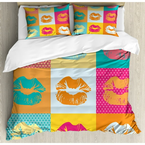 Modern Duvet Cover Set Queen Size, Sexy Woman Lips on Polka Dots Background in Various Frames Fashion Kiss Love Design, Decorative 3 Piece Bedding Set with 2 Pillow Shams, Multicolor, by Ambesonne