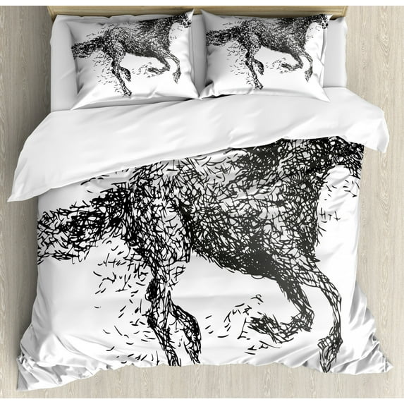 Modern Duvet Cover Set Queen Size, Sketch Futuristic Unusual Patterned Line Combined Animal Horse Figure Image, Decorative 3 Piece Bedding Set with 2 Pillow Shams, Charcoal Grey White, by Ambesonne