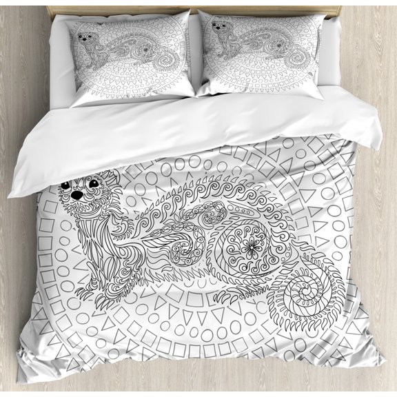 Modern Duvet Cover Set, Squirrel Surrounded by Geometric Squares Triangles Circles Work of Art Print, Decorative 3 Piece Bedding Set with 2 Pillow Shams, Queen Size, White Grey, by Ambesonne