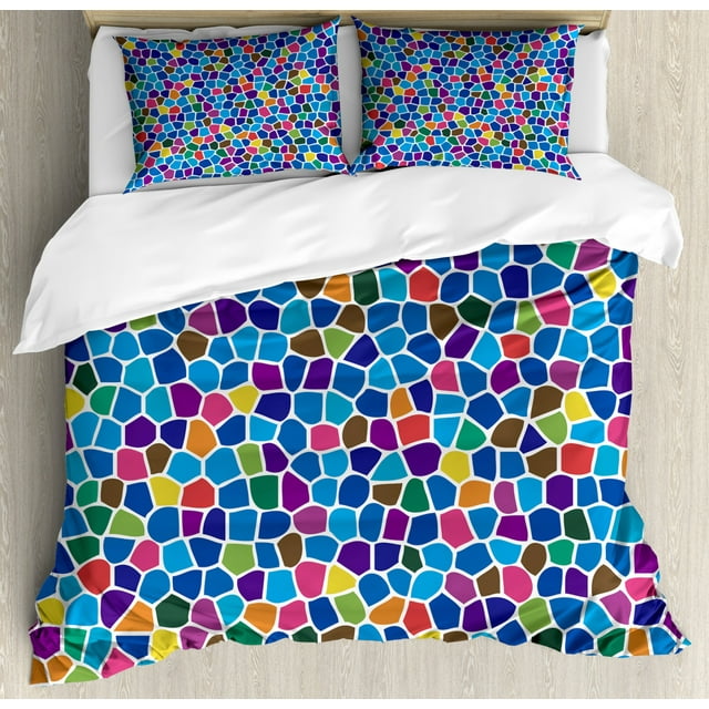 Modern Duvet Cover Set Queen Size, Vivid Rainbow Colored Mosaic Design Shapes in Blue Yellow Green Orange Red Artwork, Decorative 3 Piece Bedding Set with 2 Pillow Shams, Multicolor, by Ambesonne