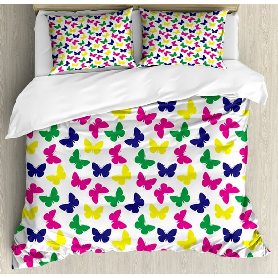 Modern Duvet Cover Set, Rainbow Colorful Butterfly Romantic Art, Decorative 3 Piece Bedding Set with 2 Pillow Shams, Calking Size, Dark Blue Yellow, by Ambesonne