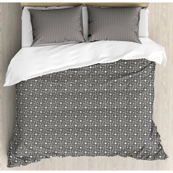 Modern Duvet Cover Set, Repeating Geometric Grid Simple Forms Creative Tracery Pattern Art, Decorative 3 Piece Bedding Set with 2 Pillow Shams, Queen Size, Eggshell and Charcoal Grey, by Ambesonne