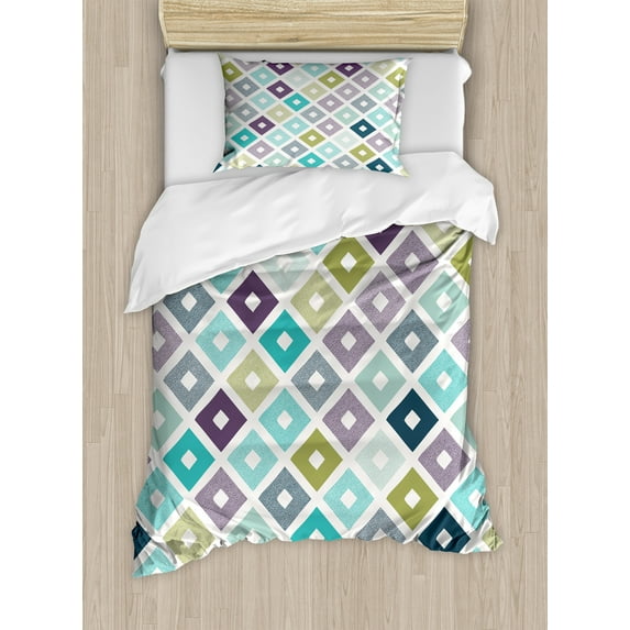 Modern Duvet Cover Set, Seamless Geometrical Rhombus Pointed Triangle Like in Doodle Style Pattern Image, Decorative 2 Piece Bedding Set with 1 Pillow Shams, Twin Size, Multicolor, by Ambesonne