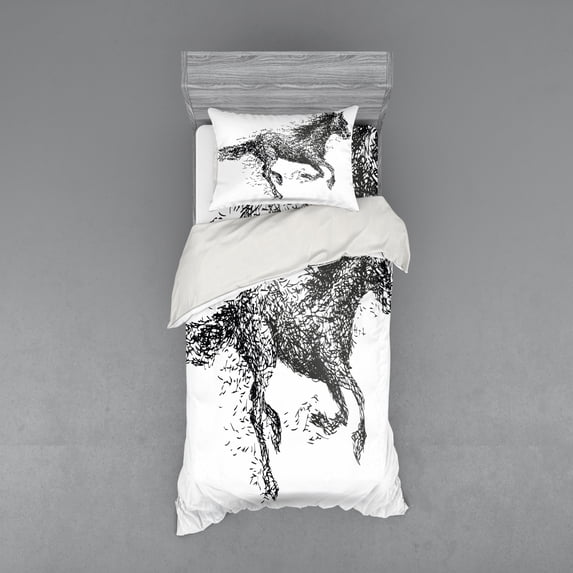 Modern Duvet Cover Set, Sketchy Futuristic Unusual Patterned Line Combined Animal Horse Image, Bedding Set with Shams and Fitted Sheet, 3 Sizes, by Ambesonne