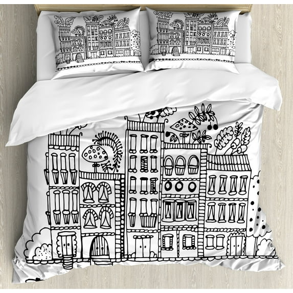 Modern Duvet Cover Set, Sketchy Hand Drawn Cartoon Style Modern Theme Monochrome Design Graphic Print, Decorative 3 Piece Bedding Set with 2 Pillow Shams, Calking Size, White and Black, by Ambesonne