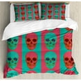 thumbnail image 1 of Modern Duvet Cover Set, Skull Pattern with Digital Effects Gothic Dead Anatomy Illustration, Decorative 3 Piece Bedding Set with 2 Pillow Shams, Calking Size, Jade Green Magenta, by Ambesonne, 1 of 3