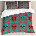 thumbnail image 1 of Modern Duvet Cover Set, Skull Pattern with Digital Effects Gothic Dead Anatomy Illustration, Decorative 3 Piece Bedding Set with 2 Pillow Shams, King Size, Jade Green Magenta, by Ambesonne, 1 of 3