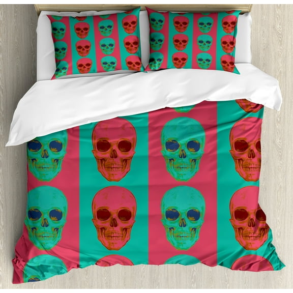 Modern Duvet Cover Set, Skull Pattern with Digital Effects Gothic Dead Anatomy Illustration, Decorative 3 Piece Bedding Set with 2 Pillow Shams, Queen Size, Jade Green Magenta, by Ambesonne