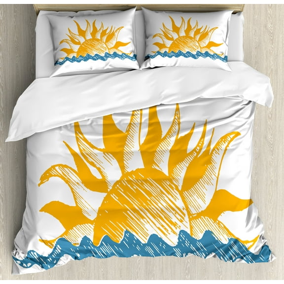 Modern Duvet Cover Set, Source of Life Sun Like Beams and Wave Like Clouds Image Print Illustration, Decorative 3 Piece Bedding Set with 2 Pillow Shams, Queen Size, Yellow Blue, by Ambesonne