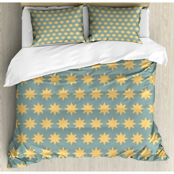 Modern Duvet Cover Set, Starry Night Pattern in Conceptual Art Style with Retro Details Print, Decorative 3 Piece Bedding Set with 2 Pillow Shams, Queen Size, Apricot Mustard, by Ambesonne