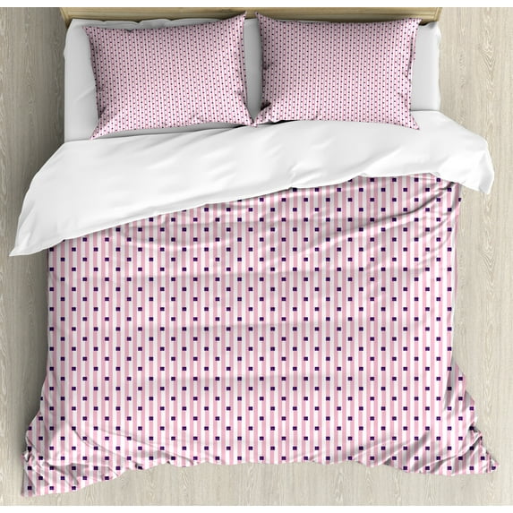 Modern Duvet Cover Set, Symmetric Girly Vertical Stripes and Glam Squares Minimalist Art, Decorative 3 Piece Bedding Set with 2 Pillow Shams, King Size, Pale Pink Quartz and White, by Ambesonne