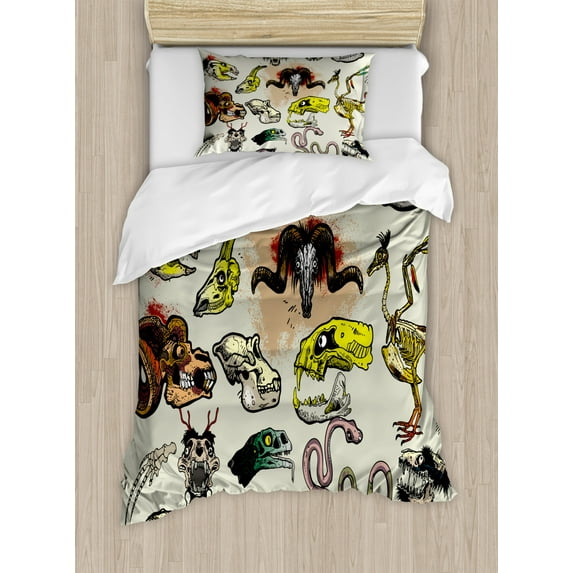 Modern Duvet Cover Set Twin Size, Animal Skeleton Icons Composition with Gothic Faces Dead Creatures Illustration, Decorative 2 Piece Bedding Set with 1 Pillow Sham, Multicolor, by Ambesonne