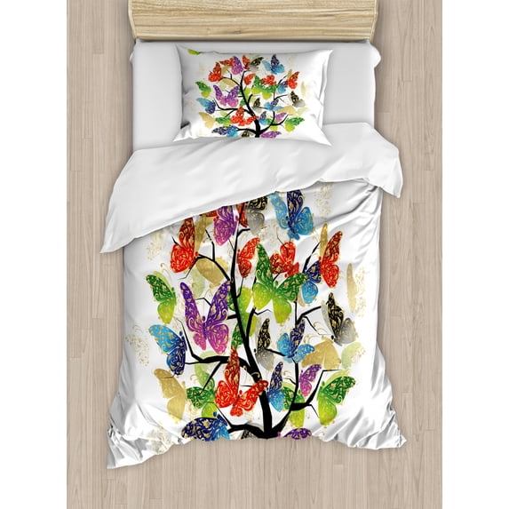 Modern Duvet Cover Set Twin Size, Artistic Nature Tree with Floral Butterflies Leaves Vivid Vibrant Artwork Print, Decorative 2 Piece Bedding Set with 1 Pillow Sham, Multicolor, by Ambesonne