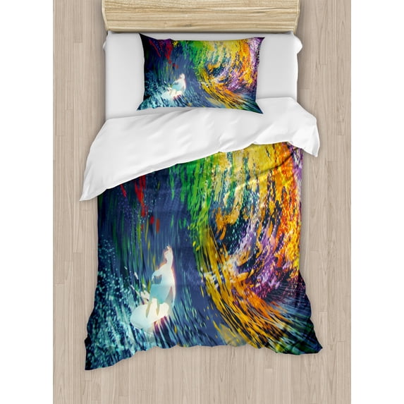 Modern Duvet Cover Set Twin Size, Exotic Surfer in the Ocean Waves with Digital Featured Effects Sports Hobby Graphic, Decorative 2 Piece Bedding Set with 1 Pillow Sham, Multicolor, by Ambesonne