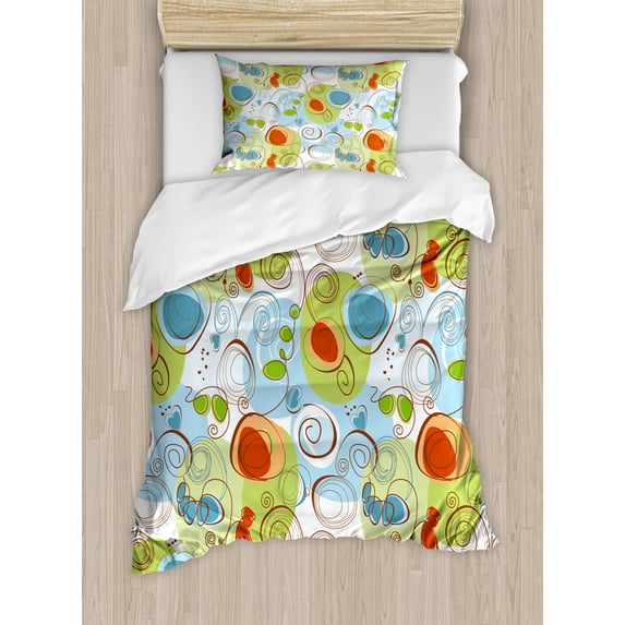 Modern Duvet Cover Set Twin Size, Floral Flowers with Geometrical Abstract Funky Swirls Modern Image, Decorative 2 Piece Bedding Set with 1 Pillow Sham, Pale Green Blue and White, by Ambesonne