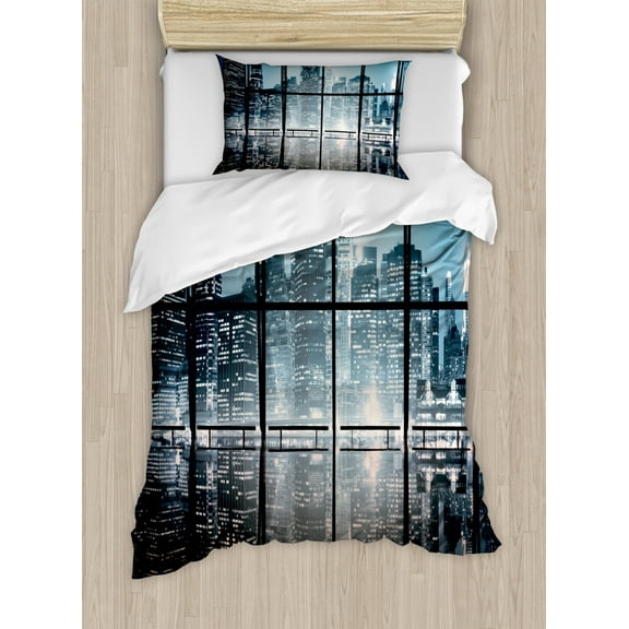 Modern Duvet Cover Set Twin Size, Modern New York City Scenery at Night with Skyscrapers Buildings Print, Decorative 2 Piece Bedding Set with 1 Pillow Sham, Black and Dark Blue, by Ambesonne