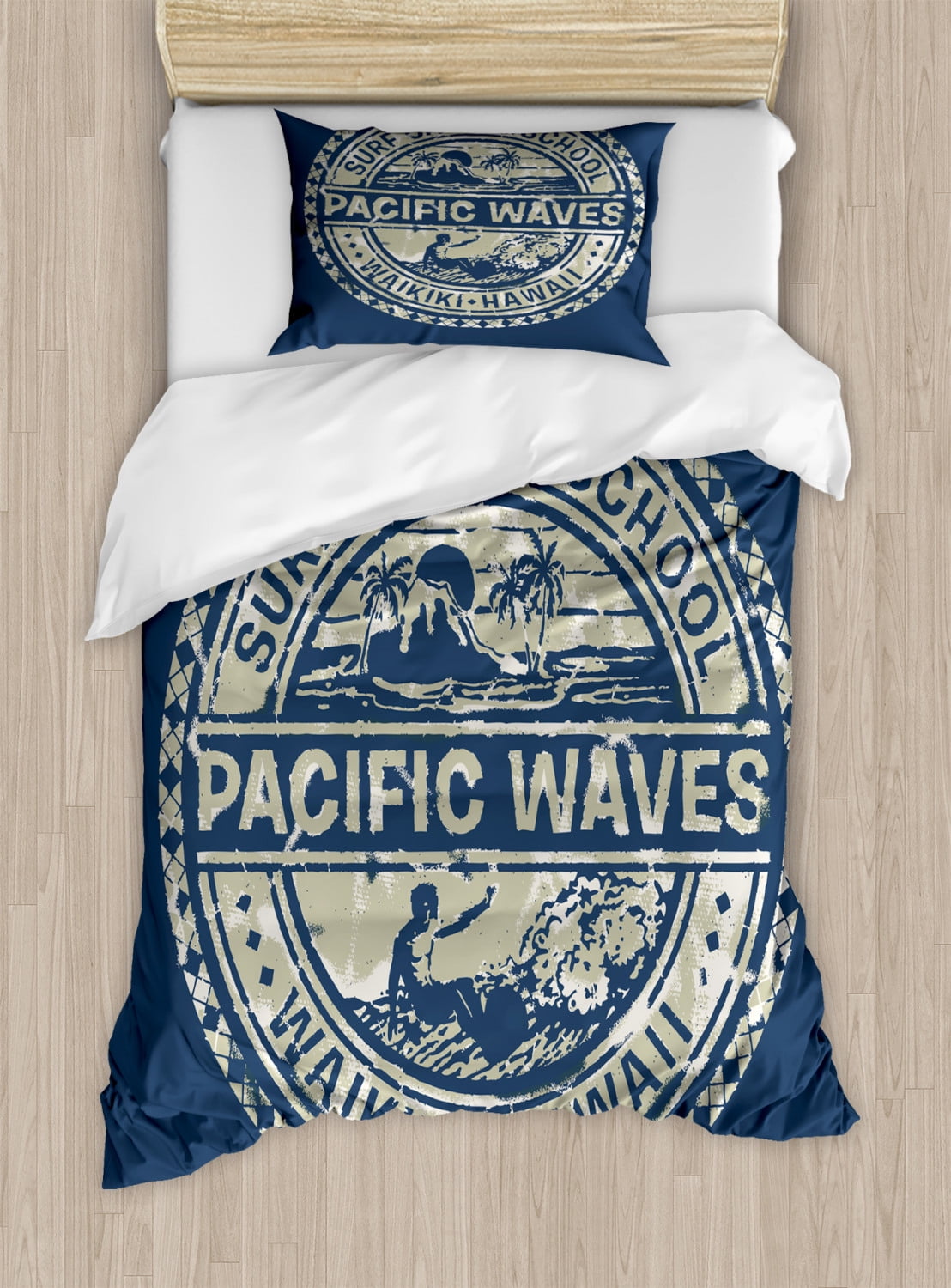 Twin Pacific Waves Surf Camp Blue Khaki Duvet Cover Set