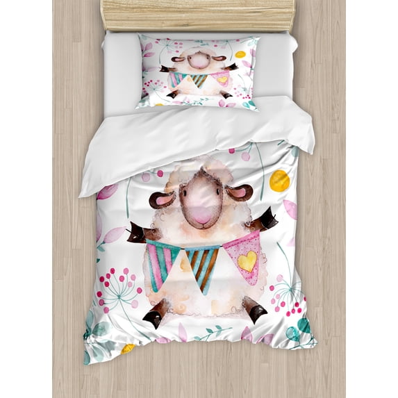Modern Duvet Cover Set Twin Size, Watercolor Romantic Design Cartoon Like Sheep and Branches Florals Artful Print, Decorative 2 Piece Bedding Set with 1 Pillow Sham, Multicolor, by Ambesonne