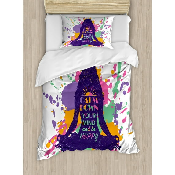 Modern Duvet Cover Set Twin Size, Yoga Posing Girl with Motivational Happy Quote Calm Down Your Mind Themed Image, Decorative 2 Piece Bedding Set with 1 Pillow Sham, Multicolor, by Ambesonne