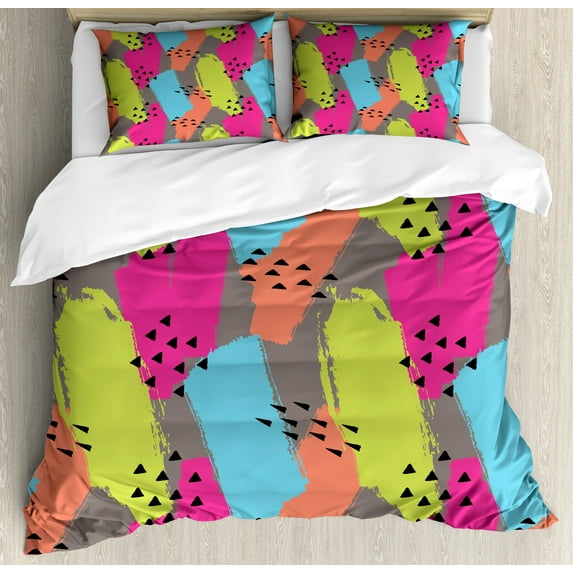 Modern Duvet Cover Set, Vector Abstract Design Colorful Brush Strokes with Geometric Triangles Image Print, Decorative 3 Piece Bedding Set with 2 Pillow Shams, Calking Size, Multicolor, by Ambesonne
