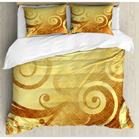 Modern Duvet Cover Set, Vector Canvas Design Floral Swirls Leaves Spring Nature Inspired Image, Decorative 3 Piece Bedding Set with 2 Pillow Shams, Queen Size, Earth Yellow Brown, by Ambesonne