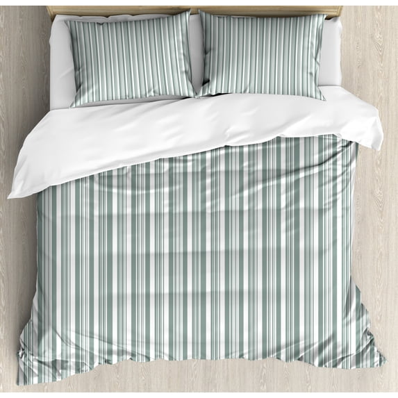 Modern Duvet Cover Set, Vertical Thin and Bold Stipes Optical Pattern Retro Style Abstract Print, Decorative 3 Piece Bedding Set with 2 Pillow Shams, Queen Size, Pale Sage Green White, by Ambesonne