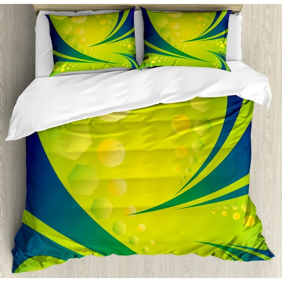 Modern Duvet Cover Set, Vivid Vibrant Brazil Flag Colored Image Geometrical Details Art, Decorative 3 Piece Bedding Set with 2 Pillow Shams, Queen Size, Pale Green and Dark Blue, by Ambesonne