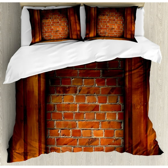 Modern Duvet Cover Set, Wall Semidarkness Brickwork Indoors Concept Shady Empty Country Design Art, Decorative 3 Piece Bedding Set with 2 Pillow Shams, King Size, Orange Dark Orange, by Ambesonne