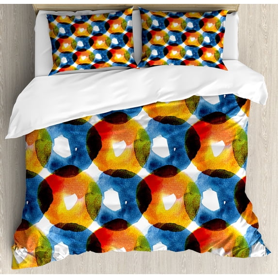 Modern Duvet Cover Set, Watercolor Drawing of Circular Bold Ring Shapes Vibrant Flow Macro Display, Decorative 3 Piece Bedding Set with 2 Pillow Shams, King Size, Orange Blue, by Ambesonne