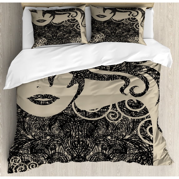 Modern Duvet Cover Set, Woman with Cool Posing Wavy Hot Hair Vamp Makeup Vintage Image Print Graphic, Decorative 3 Piece Bedding Set with 2 Pillow Shams, Queen Size, Dark Taupe and Tan, by Ambesonne