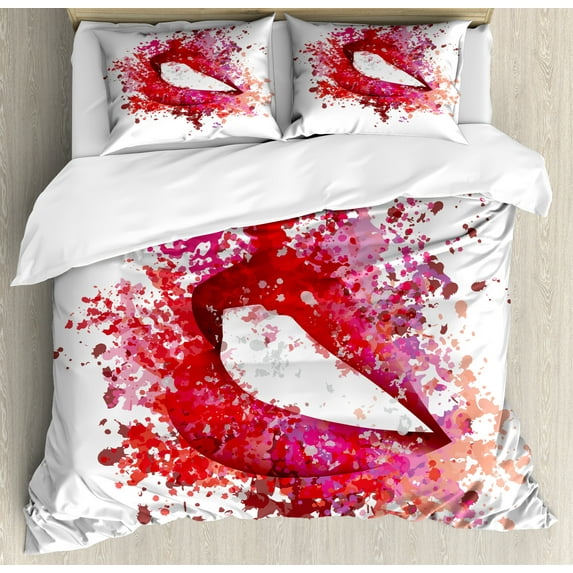 Modern Duvet Cover Set, Woman Lips Smiling with Watercolored Paintbrush Color Splash Effects Image, Decorative 3 Piece Bedding Set with 2 Pillow Shams, Queen Size, Fuchsia and Red, by Ambesonne