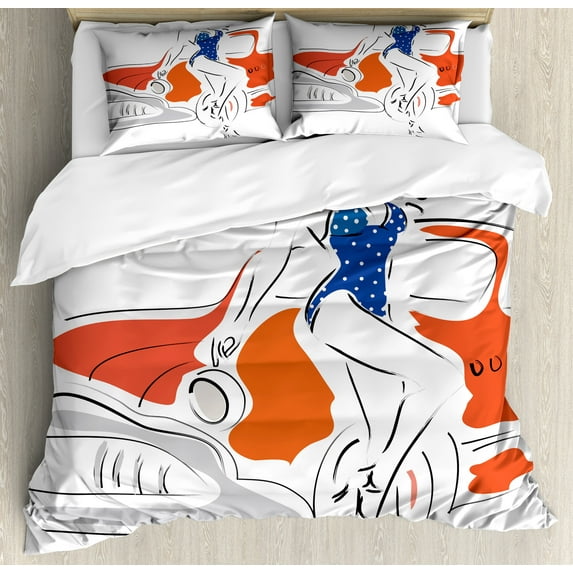 Modern Duvet Cover Set, Woman Sketch in Polka Dots Swimwear with Vintage Car Summer Beach Art, Decorative 3 Piece Bedding Set with 2 Pillow Shams, Calking Size, Vermilion and Blue, by Ambesonne