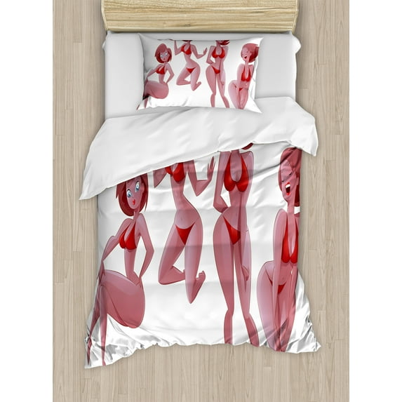 Modern Duvet Cover Set, Woman in Swimwear Girl with Love Heart Female Body Bikini Illustration, Decorative 2 Piece Bedding Set with 1 Pillow Shams, Twin Size, Pale Pink Ruby and Red, by Ambesonne